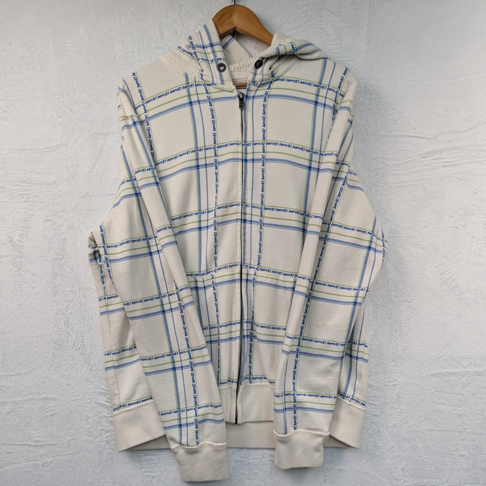 VTG Aeropostale Hoodie Men's XL Cream Plaid Aero87 Full Zip Skate Streetwear Y2K